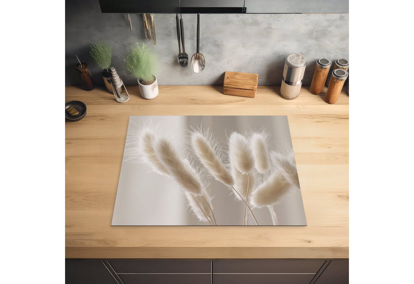 MuchoWow Herd-Abdeckplatte Pampasgras - Fahne - Weiß, Vinyl, (1 tlg), Abdeckung Induktionskochfeld Schutzmatte, Küche Deko, 65x52 cm Bild 4