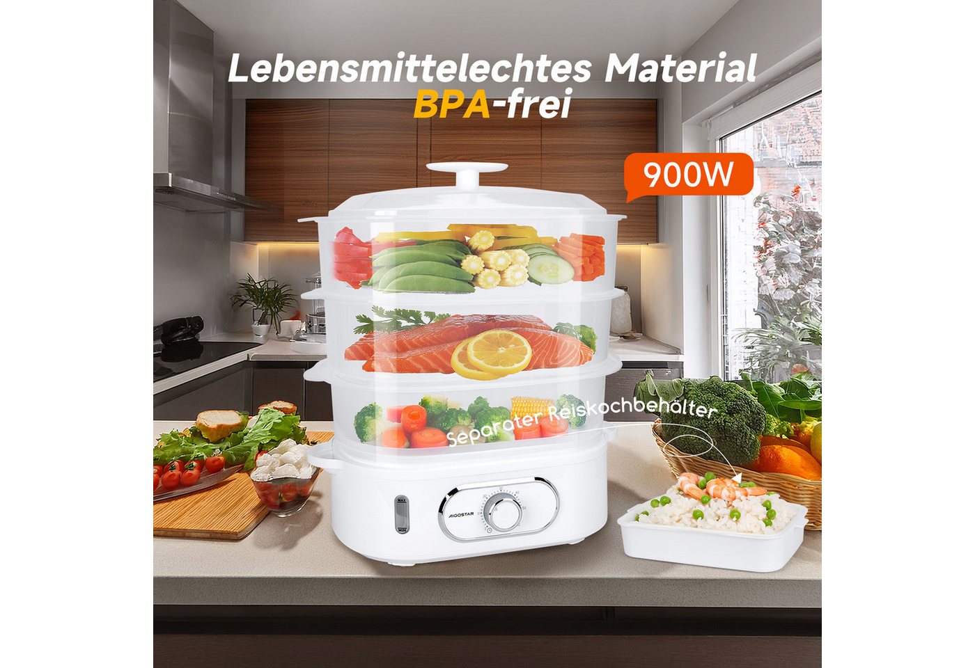 Aigostar Dampfgarer Fitfoodie mit Timer 9L/12L, 800W/900W, 3-Etagen Stapelkörbe, BPA frei, 800,00 W, Überhitzungsschutz, Intelligenz, Leicht zu reinigen