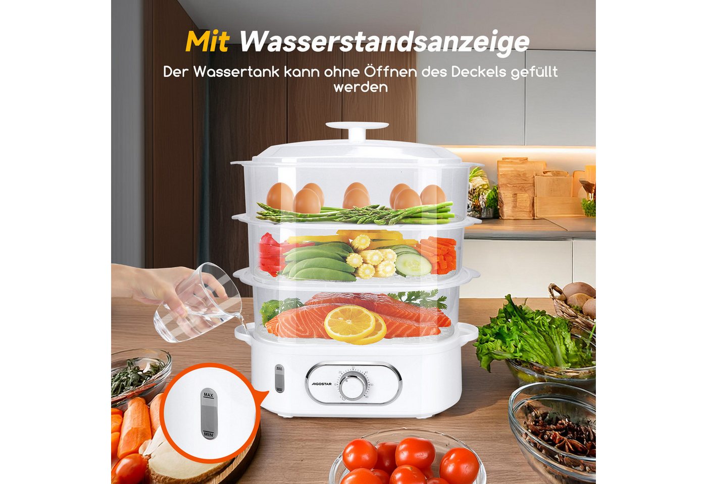 Aigostar Dampfgarer Fitfoodie mit Timer 9L/12L, 800W/900W, 3-Etagen Stapelkörbe, BPA frei, 800,00 W, Überhitzungsschutz, Intelligenz, Leicht zu reinigen Bild 2