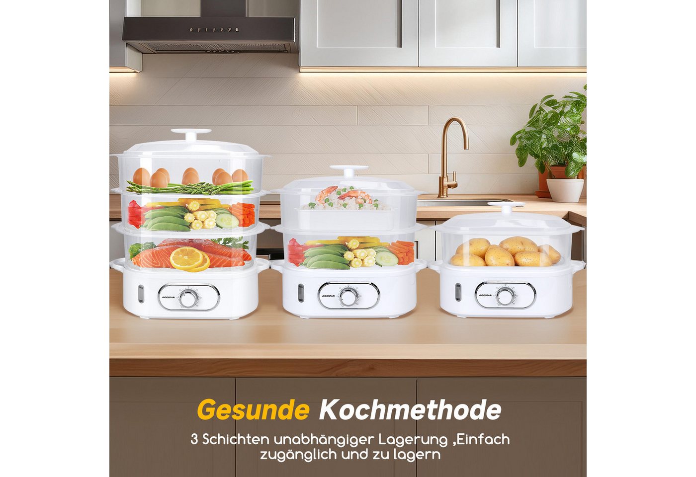 Aigostar Dampfgarer Fitfoodie mit Timer 9L/12L, 800W/900W, 3-Etagen Stapelkörbe, BPA frei, 800,00 W, Überhitzungsschutz, Intelligenz, Leicht zu reinigen Bild 3