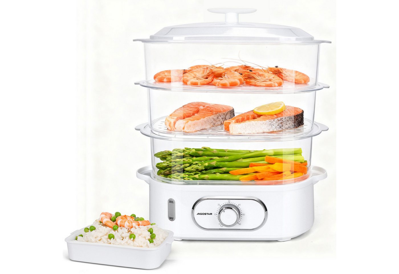 Aigostar Dampfgarer Fitfoodie mit Timer 9L/12L, 800W/900W, 3-Etagen Stapelkörbe, BPA frei, 800,00 W, Überhitzungsschutz, Intelligenz, Leicht zu reinigen Bild 5