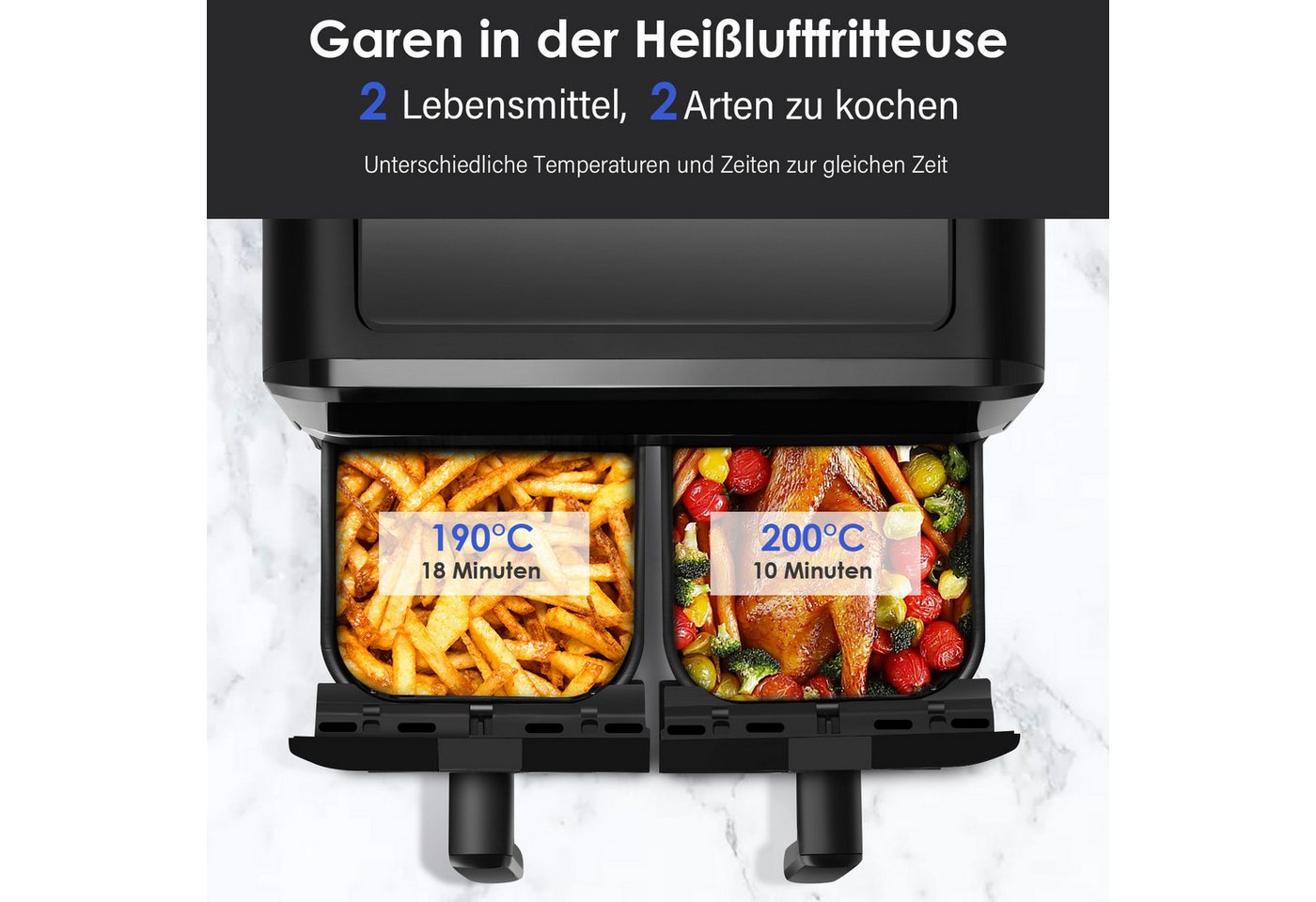 oyajia Heißluftfritteuse 9L Heißluftfritteuse RA930DSV XXL, 2 separat gesteuerte Garkammern, 2800,00 W, Touch Display, Sichtfenster, 8 Automatikprogramme/je 4,5 l pro Korb