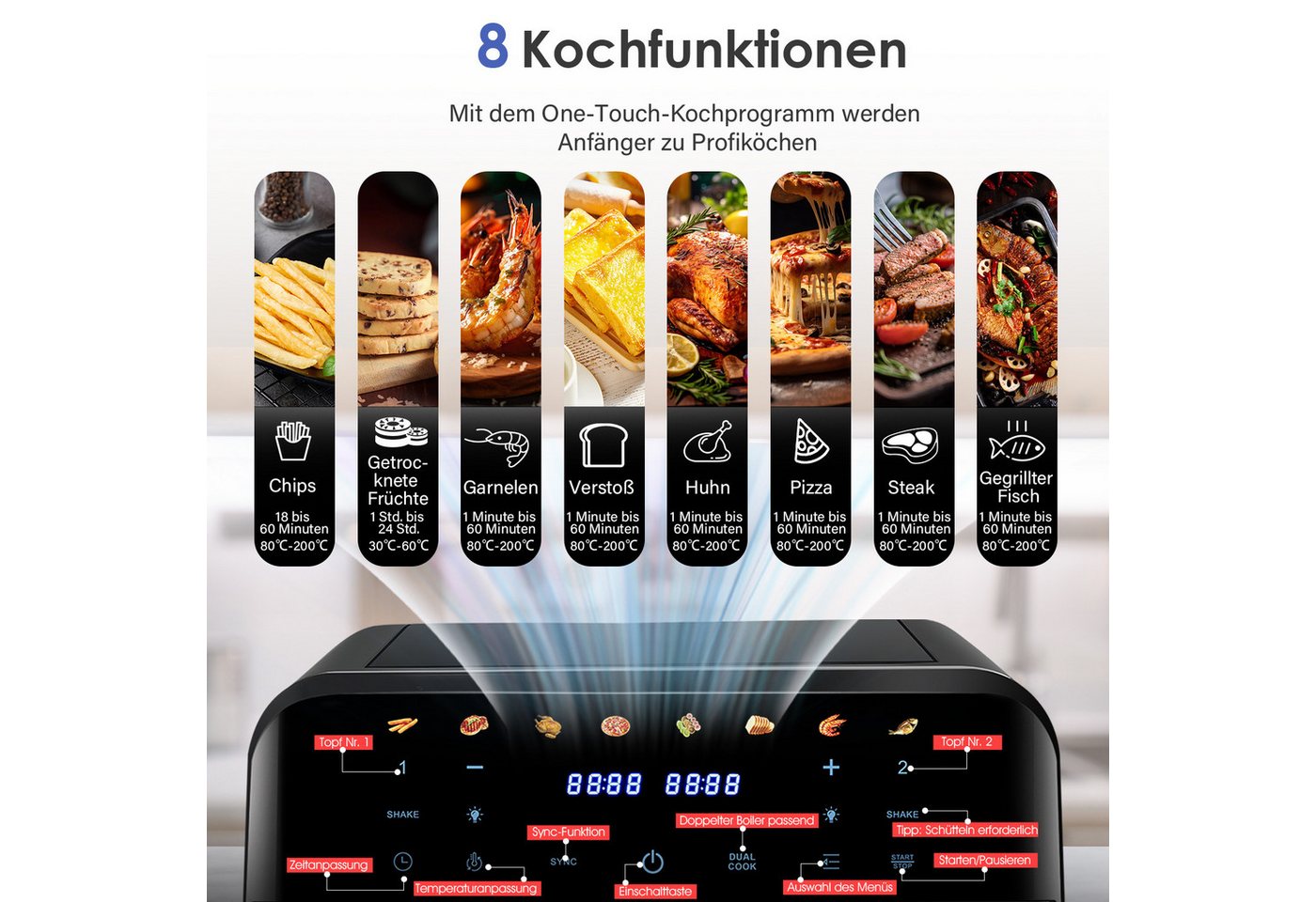 oyajia Heißluftfritteuse 9L Heißluftfritteuse RA930DSV XXL, 2 separat gesteuerte Garkammern, 2800,00 W, Touch Display, Sichtfenster, 8 Automatikprogramme/je 4,5 l pro Korb Bild 3