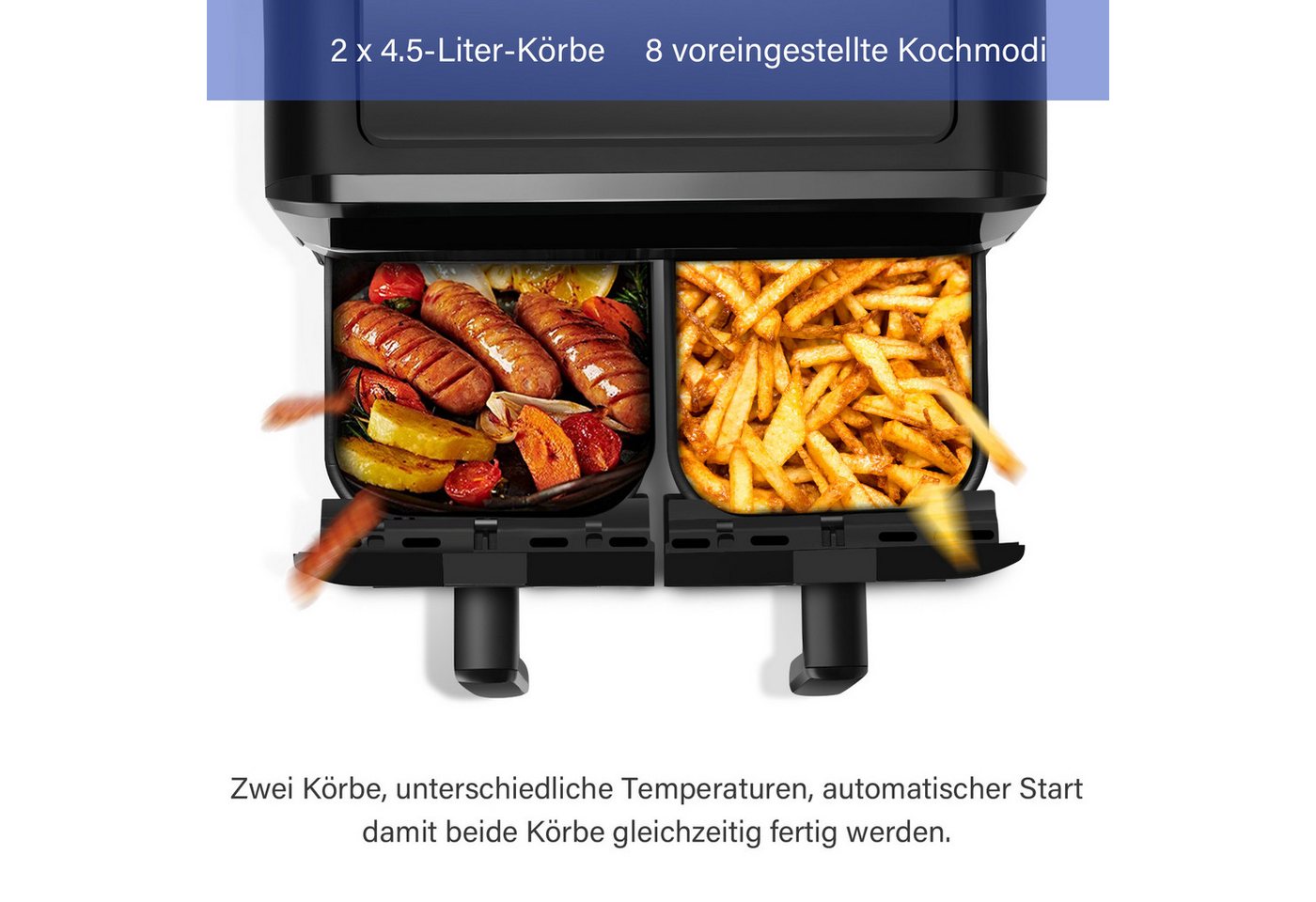 oyajia Heißluftfritteuse 9L Heißluftfritteuse RA930DSV XXL, 2 separat gesteuerte Garkammern, 2800,00 W, Touch Display, Sichtfenster, 8 Automatikprogramme/je 4,5 l pro Korb Bild 4