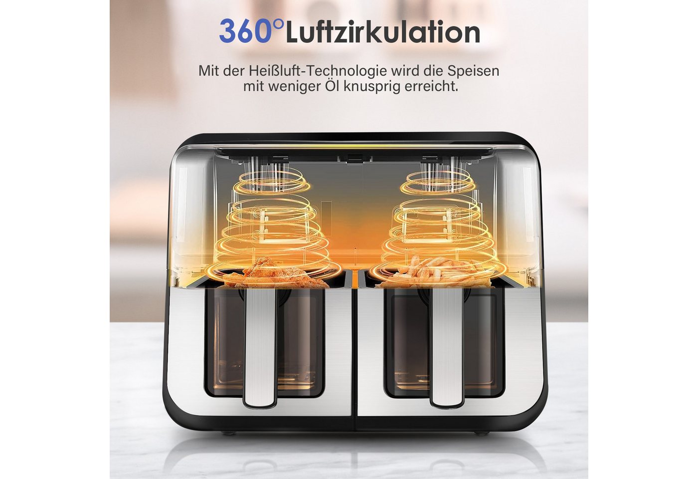 oyajia Heißluftfritteuse 9L Heißluftfritteuse RA930DSV XXL, 2 separat gesteuerte Garkammern, 2800,00 W, Touch Display, Sichtfenster, 8 Automatikprogramme/je 4,5 l pro Korb Bild 5