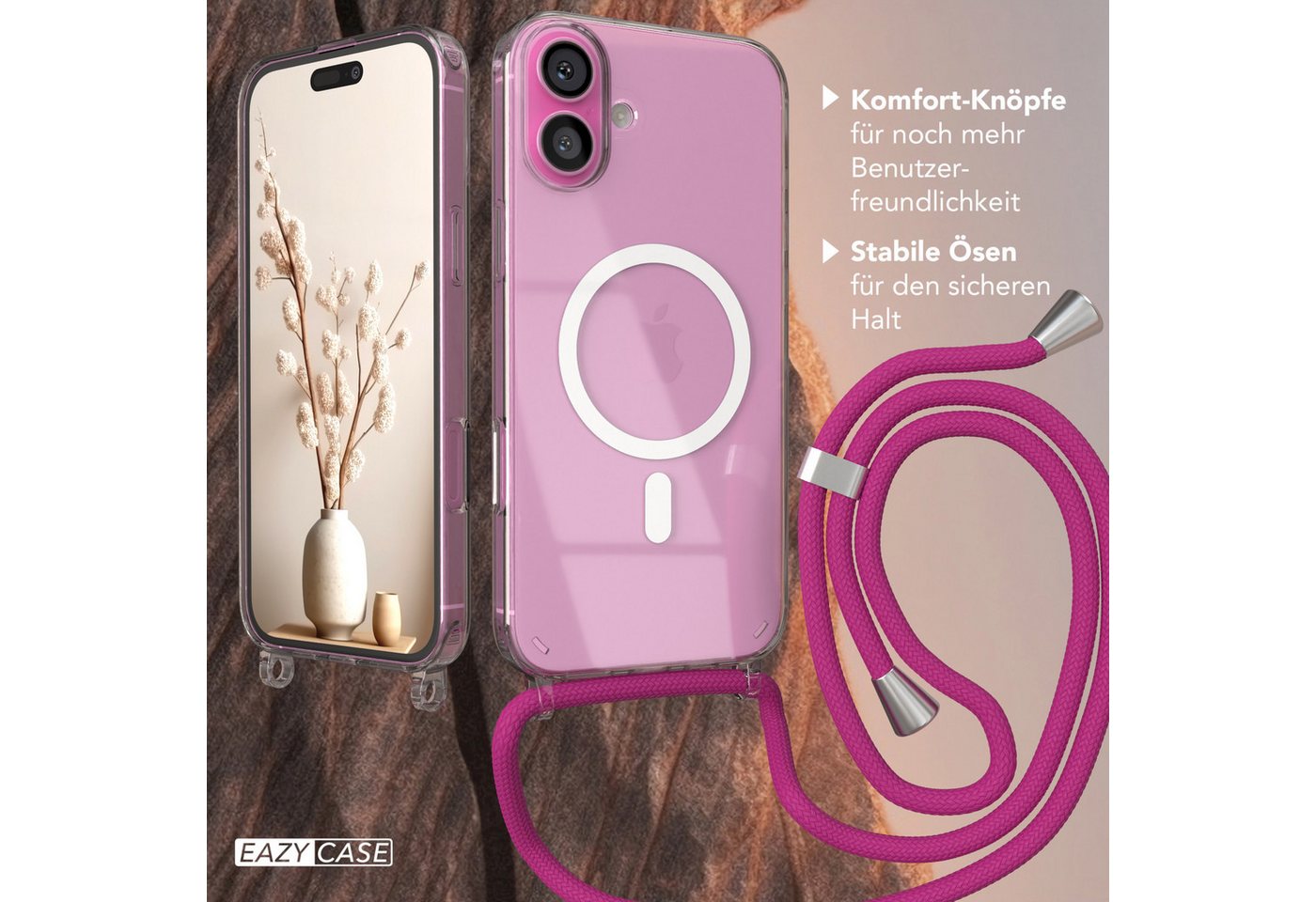 EAZY CASE Handykette mit Magsafe Hülle für Apple iPhone 16 Plus 6,7 Zoll, Slimcover Festival Hülle Band Handyketten induktive Umhängehülle Pink