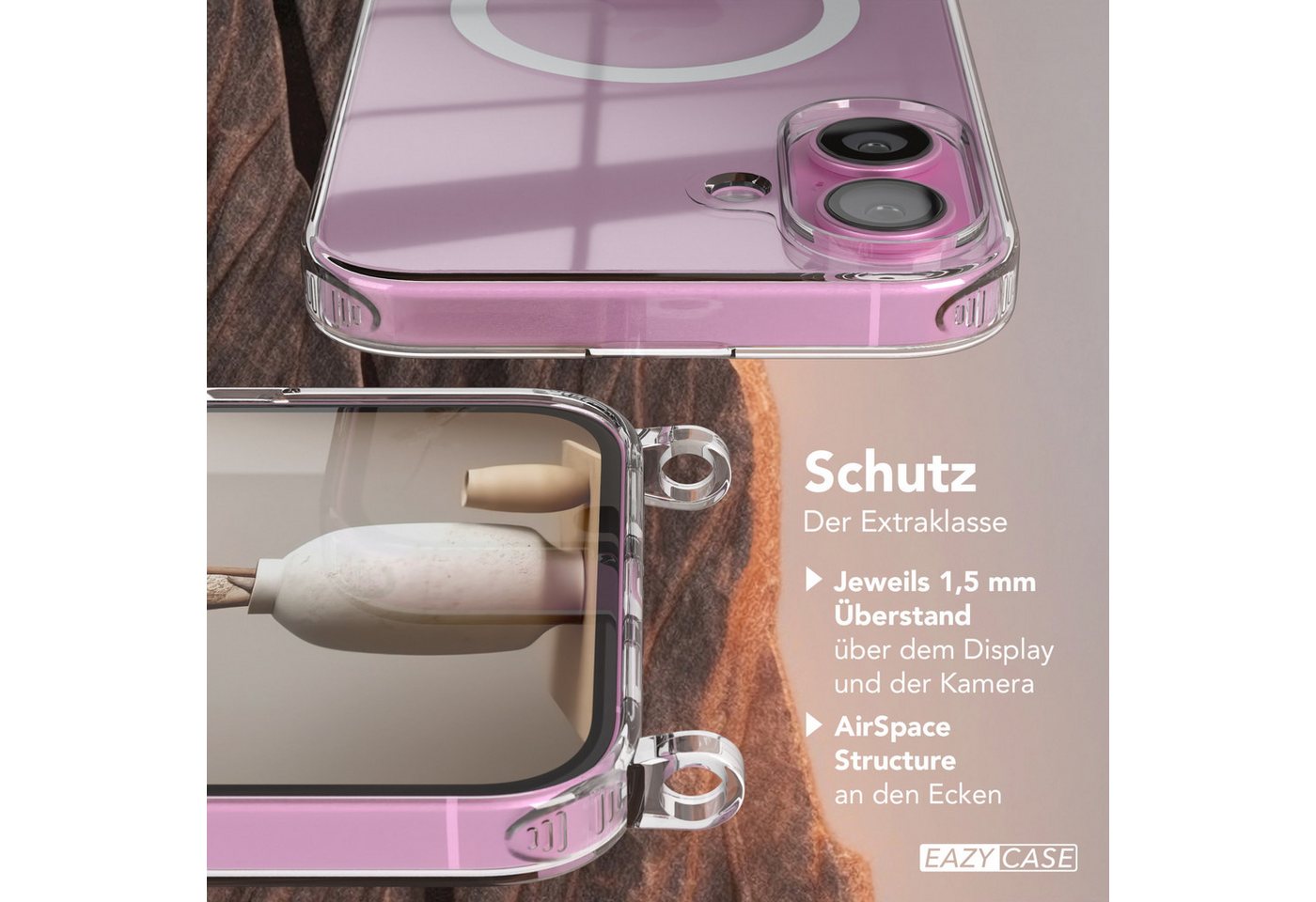 EAZY CASE Handykette mit Magsafe Hülle für Apple iPhone 16 Plus 6,7 Zoll, Slimcover Festival Hülle Band Handyketten induktive Umhängehülle Pink Bild 2