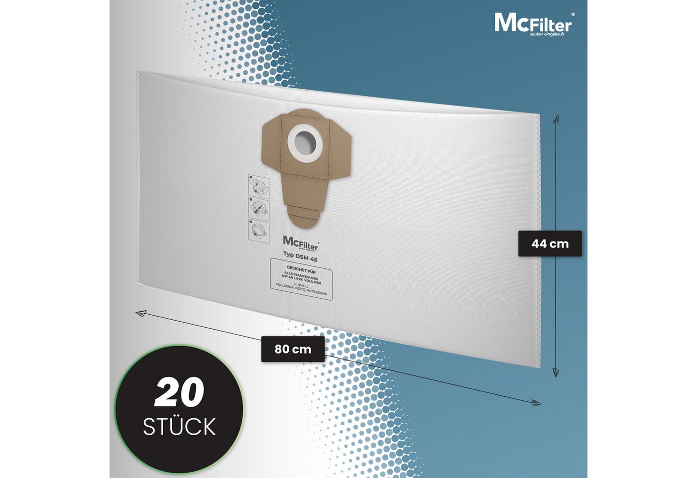 McFilter Staubsaugerbeutel (20 Stück) geeignet für Einhell, passend für ALLE Einhell 40 Liter Nass-Trockensauger, 20 St., Beutel - Typ DSM 45 Bild 3