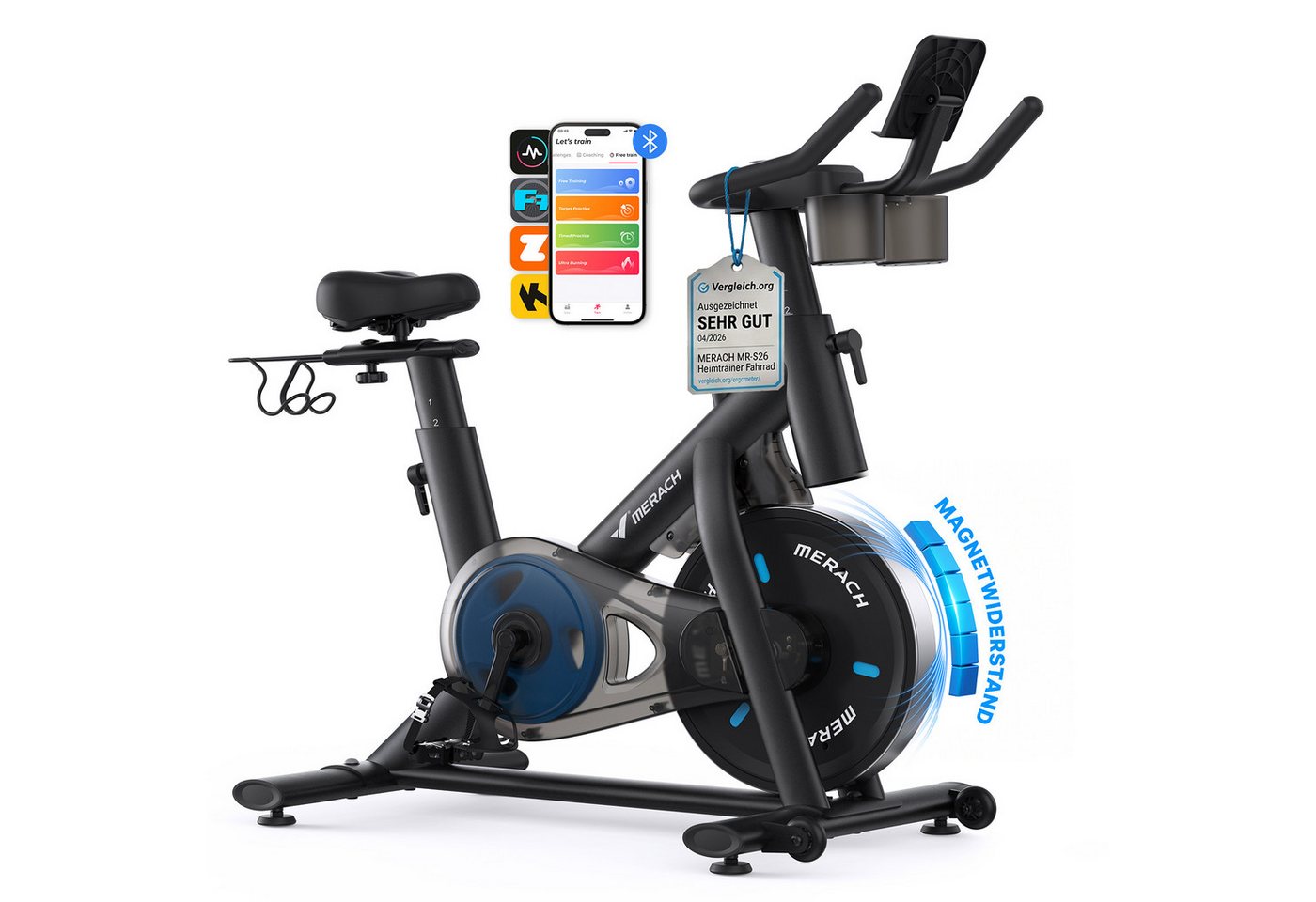MERACH Heimtrainer mit verstellbarem Widerstand, leise mit LED-Monitor (Leises Bremsbelag/Hometrainer Fahrrad, 1-tlg., mit Verbessertem LCD-Monitor, Hantelrack, Tablet-Halter), Verstellbare Sitz, Eigener App, 136KG Belastbar