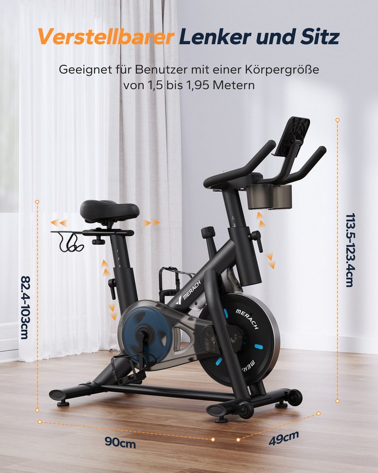 MERACH Heimtrainer mit verstellbarem Widerstand, leise mit LED-Monitor (Leises Bremsbelag/Hometrainer Fahrrad, 1-tlg., mit Verbessertem LCD-Monitor, Hantelrack, Tablet-Halter), Verstellbare Sitz, Eigener App, 136KG Belastbar Bild 4