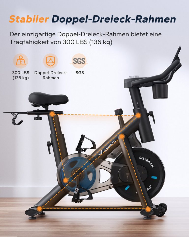 MERACH Heimtrainer mit verstellbarem Widerstand, leise mit LED-Monitor (Leises Bremsbelag/Hometrainer Fahrrad, 1-tlg., mit Verbessertem LCD-Monitor, Hantelrack, Tablet-Halter), Verstellbare Sitz, Eigener App, 136KG Belastbar Bild 5