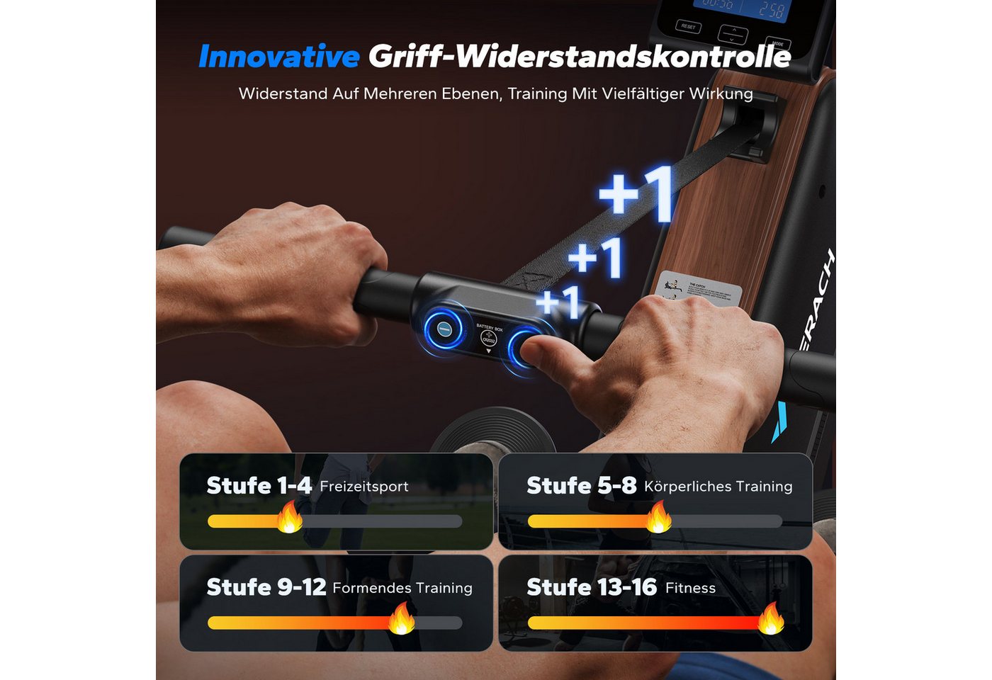 MERACH Rudergerät klappbar, Magnet-Widerstand mit verlängerter Schiene (16 Stufigem Magnetrudergerät, mit Bluetooth Monitor, mit Verstellbarer Tablethalterung, App Intelligente Überwachung), Leicht zu Montieren, 160 kg Belastbarkeit, Vertikal Verstaubar Bild 3