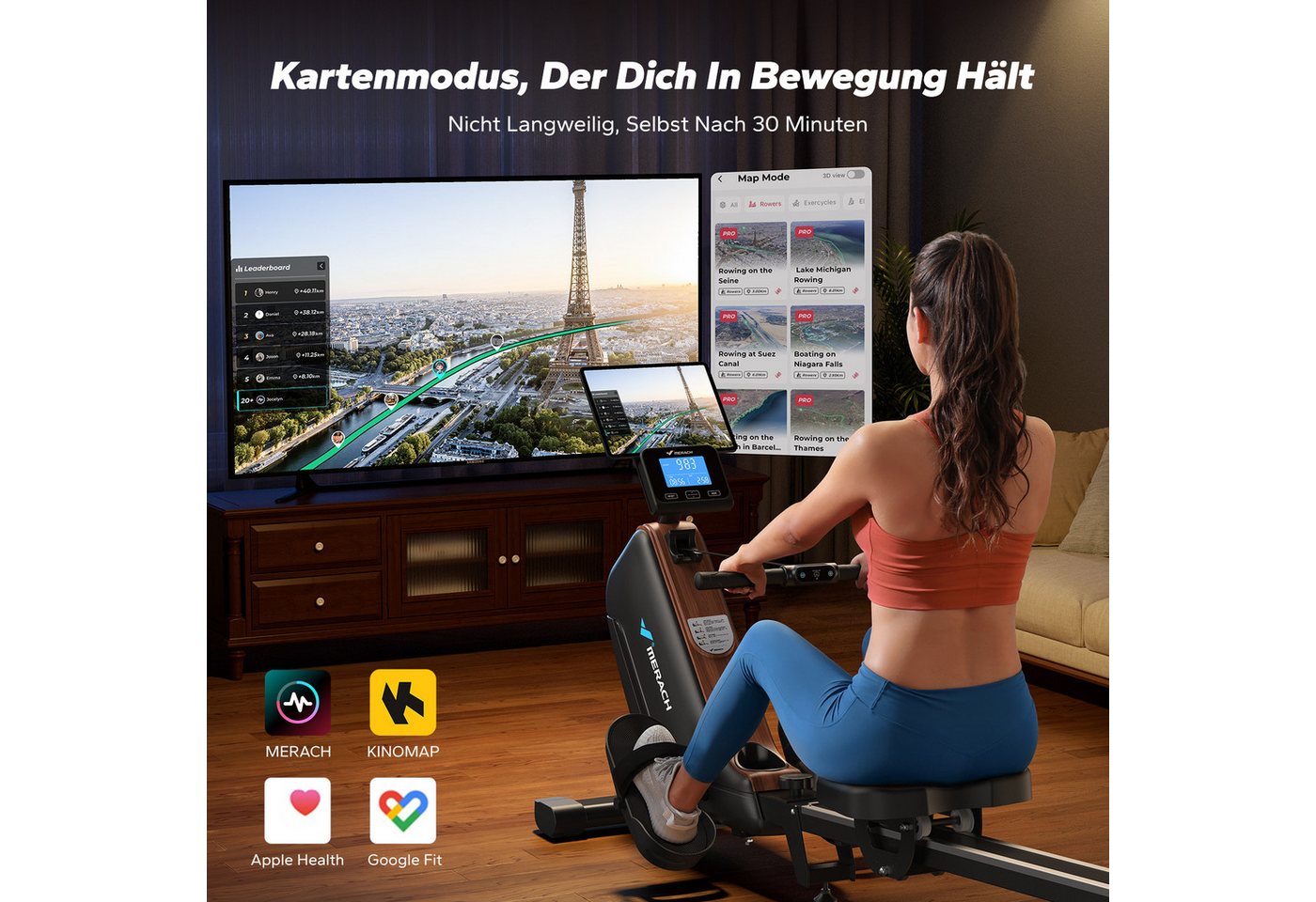MERACH Rudergerät klappbar, Magnet-Widerstand mit verlängerter Schiene (16 Stufigem Magnetrudergerät, mit Bluetooth Monitor, mit Verstellbarer Tablethalterung, App Intelligente Überwachung), Leicht zu Montieren, 160 kg Belastbarkeit, Vertikal Verstaubar Bild 5