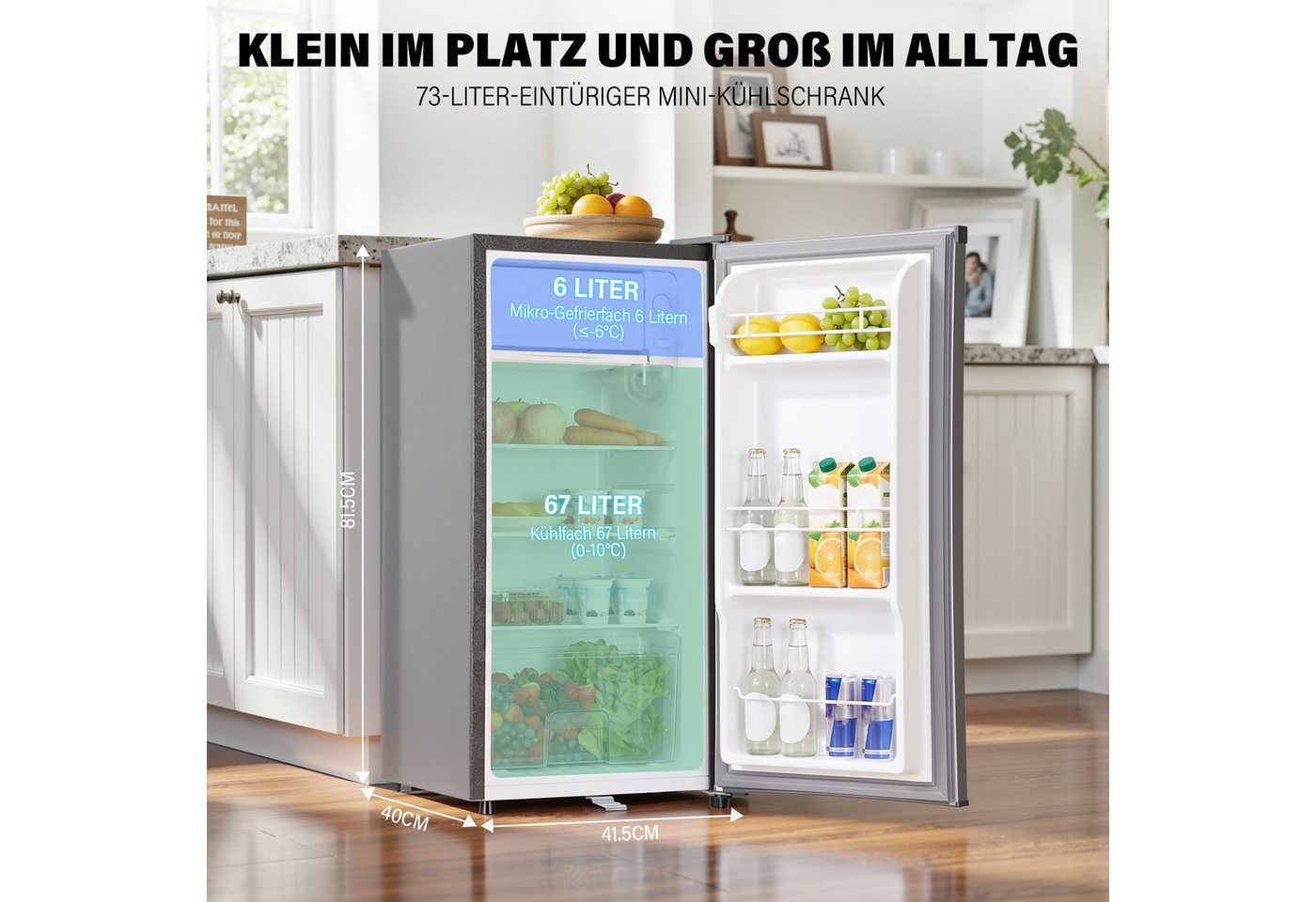 oyajia Kühl-/Gefrierkombination 73L Kleiner Kühlschrank mit Gefrierfach, 5 Temperaturstufen (0-10) BC-73, 83.5 cm hoch, 40.7 cm breit, Energieeffizient, leise, Kompakt Geräumig für Studentenwohnheim/Büro Bild 2