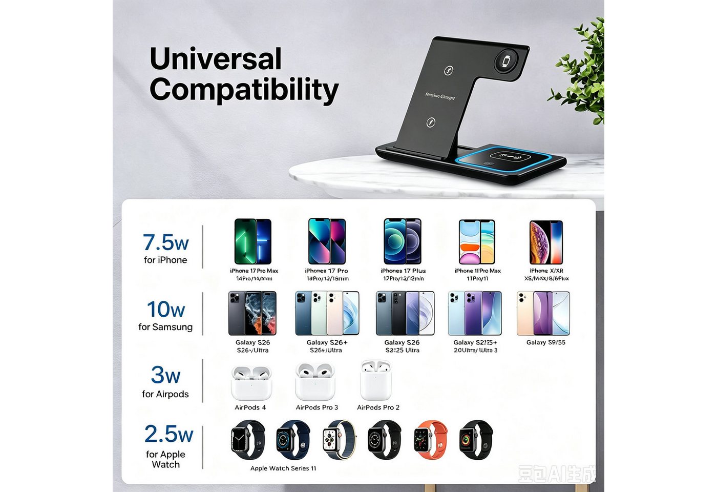 Forrlite 2026 Neues Kabelloses Ladegerät,Induktive Ladestation 4 in 1, Induktions-Ladegerät (4 in 1 iPhone Ladestation, 25W Wireless Charger, Qi 2.0 Schnellladung, Schnellladegerät für iPhone 8–17 Serie, Apple Watch, AirPods & Samsung) Bild 3