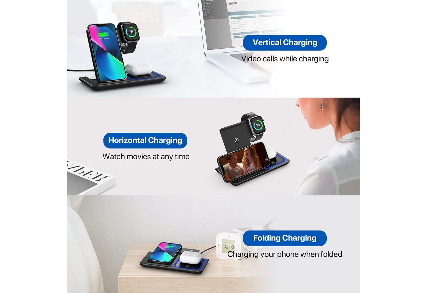 Forrlite 2026 Neues Kabelloses Ladegerät,Induktive Ladestation 4 in 1, Induktions-Ladegerät (4 in 1 iPhone Ladestation, 25W Wireless Charger, Qi 2.0 Schnellladung, Schnellladegerät für iPhone 8–17 Serie, Apple Watch, AirPods & Samsung) Bild 4