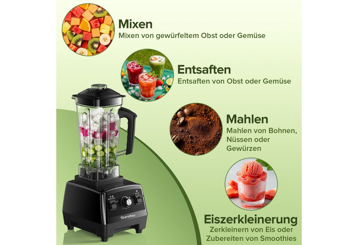 Teendow Standmixer Standmixer Hochleistungsmixer 1800W 2L BPA frei Smoothie Mixer, 1800 W, mit Rührstab, Selbstreinigend, 6 Edelstahlklingen