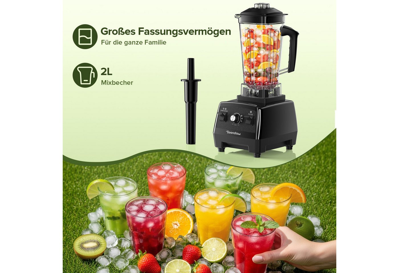 Teendow Standmixer Standmixer Hochleistungsmixer 1800W 2L BPA frei Smoothie Mixer, 1800 W, mit Rührstab, Selbstreinigend, 6 Edelstahlklingen Bild 2