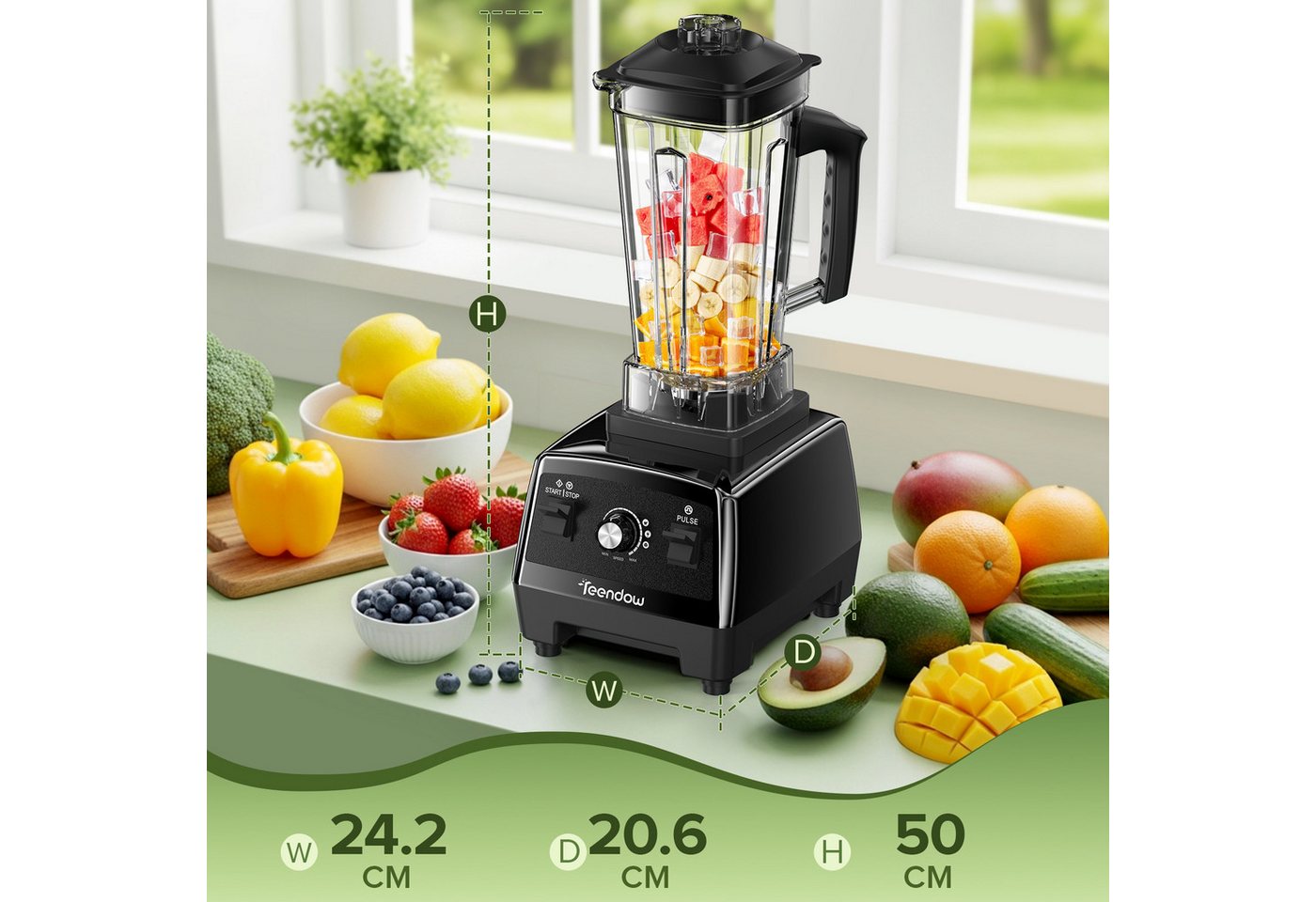 Teendow Standmixer Standmixer Hochleistungsmixer 1800W 2L BPA frei Smoothie Mixer, 1800 W, mit Rührstab, Selbstreinigend, 6 Edelstahlklingen Bild 3