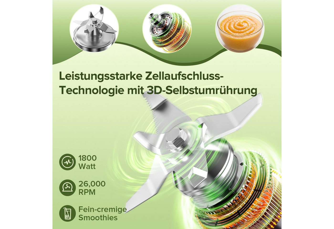 Teendow Standmixer Standmixer Hochleistungsmixer 1800W 2L BPA frei Smoothie Mixer, 1800 W, mit Rührstab, Selbstreinigend, 6 Edelstahlklingen Bild 4