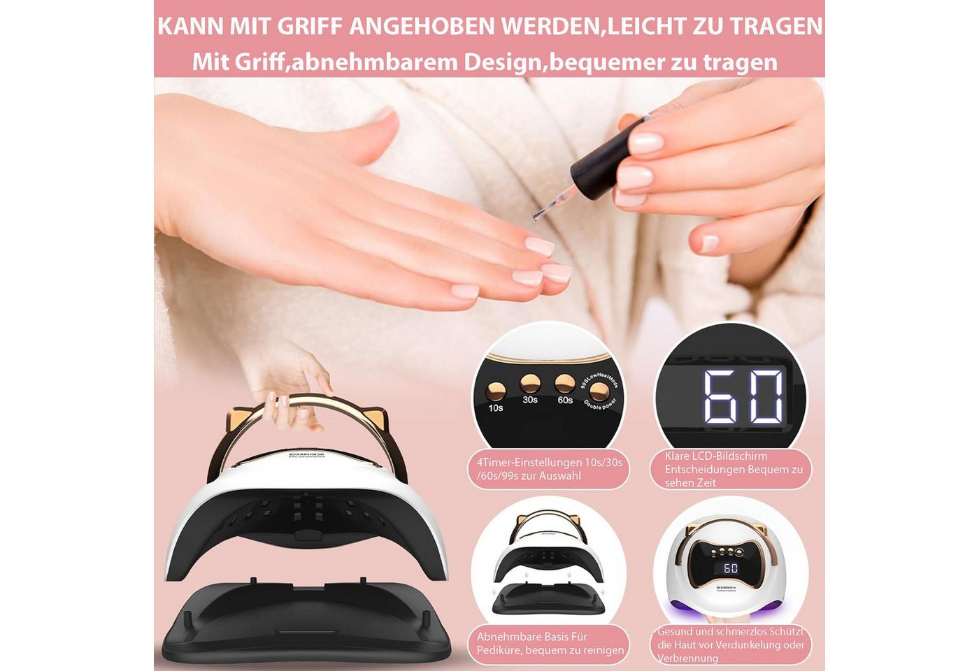 feinlux Lichthärtungsgerät Lichthärtungsgerät Nagellampe,UV-Beleuchtung Nageltrockner, 120W,4-stufige Zeitsteuerung, Intelligenter Sensor,LCD-Display,Tragegriff,36 Lampenperlen Bild 4