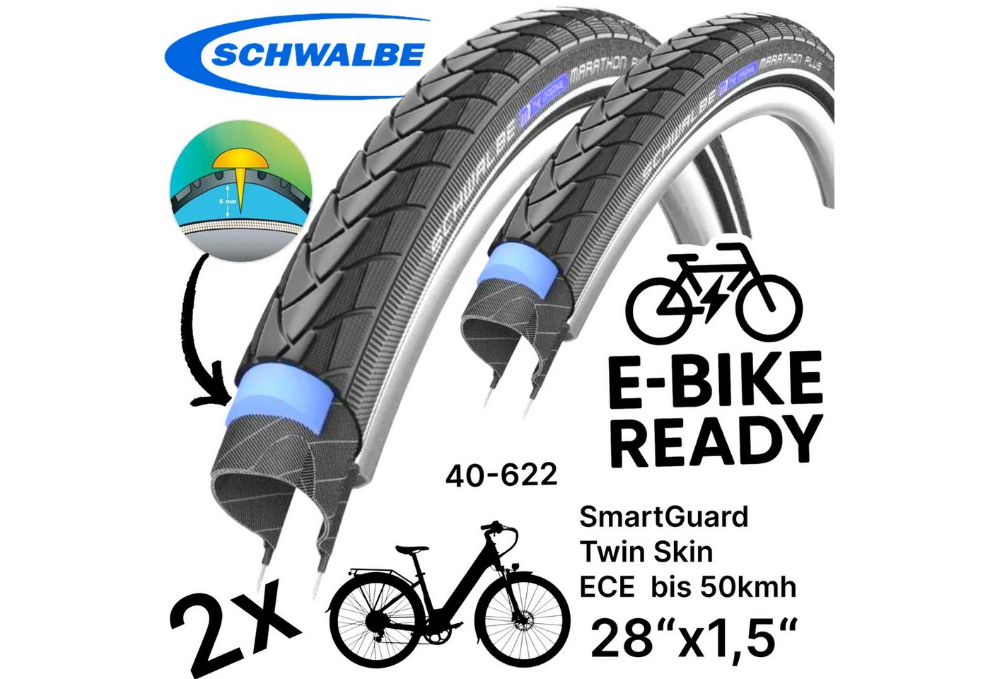 Schwalbe Fahrradschlauch 2x Schwalbe Marathon Plus 28"x1,5 City Ebike Pannenschutz Reifen Set Bild 2