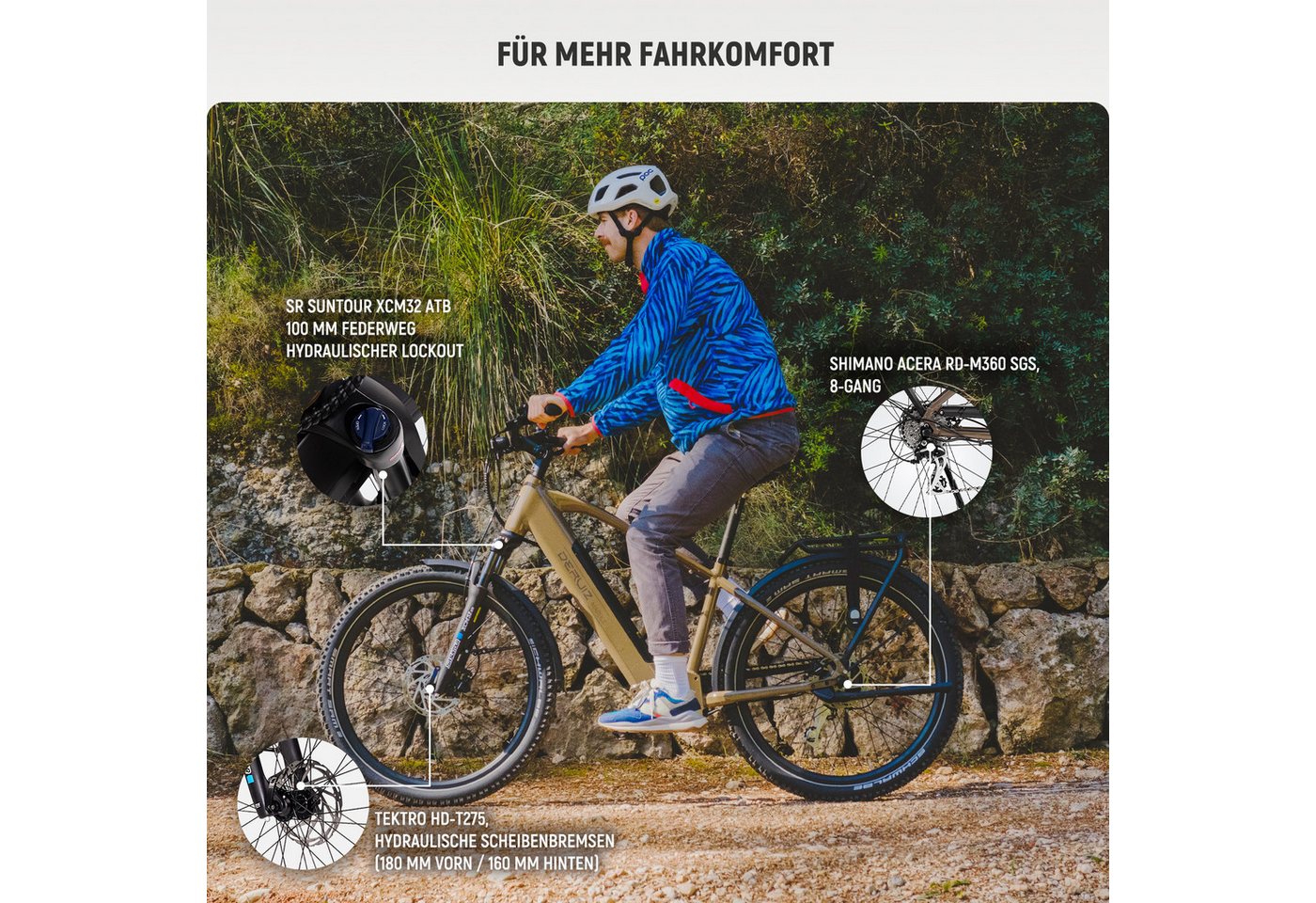 DERUIZ E-Bike Mountainbike 28 zoll Mountainbike für Damen und Herren, Elektrofahrrad 161km, 8 Gang SHIMANO Acera RD-M360 SGS Schaltwerk, Kettenschaltung, Heckmotor, 644 Wh Bild 4