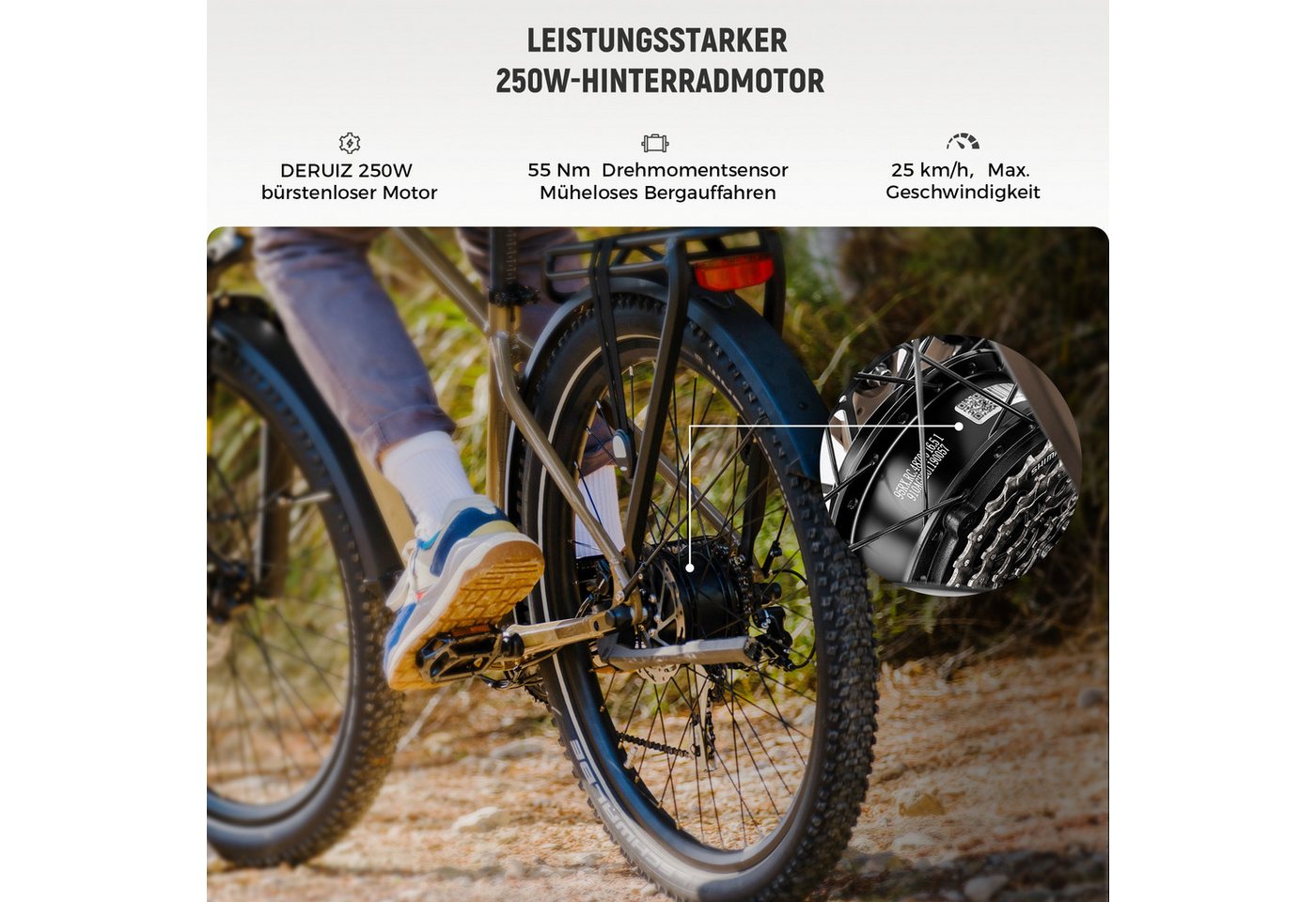 DERUIZ E-Bike Mountainbike 28 zoll Mountainbike für Damen und Herren, Elektrofahrrad 161km, 8 Gang SHIMANO Acera RD-M360 SGS Schaltwerk, Kettenschaltung, Heckmotor, 644 Wh Bild 5