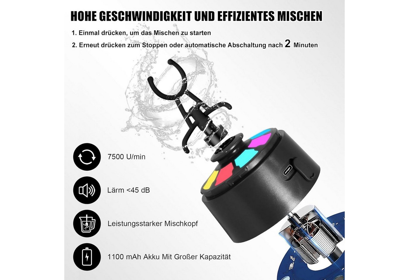 Vashoy Elektrischer Shaker Protein Shaker Elektrisch mit Pulverfach,650ml-Sportbecher, 3 W, BPA-frei, Drehzahl 7500rpm, für Potein Pulver und Milchshake Bild 4