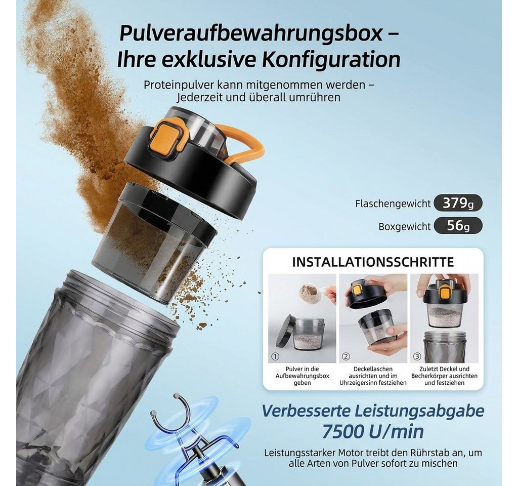 Vashoy Elektrischer Shaker Protein Shaker Elektrisch mit Pulverfach,650ml-Sportbecher, 3 W, BPA-frei, Drehzahl 7500rpm, für Potein Pulver und Milchshake Bild 5