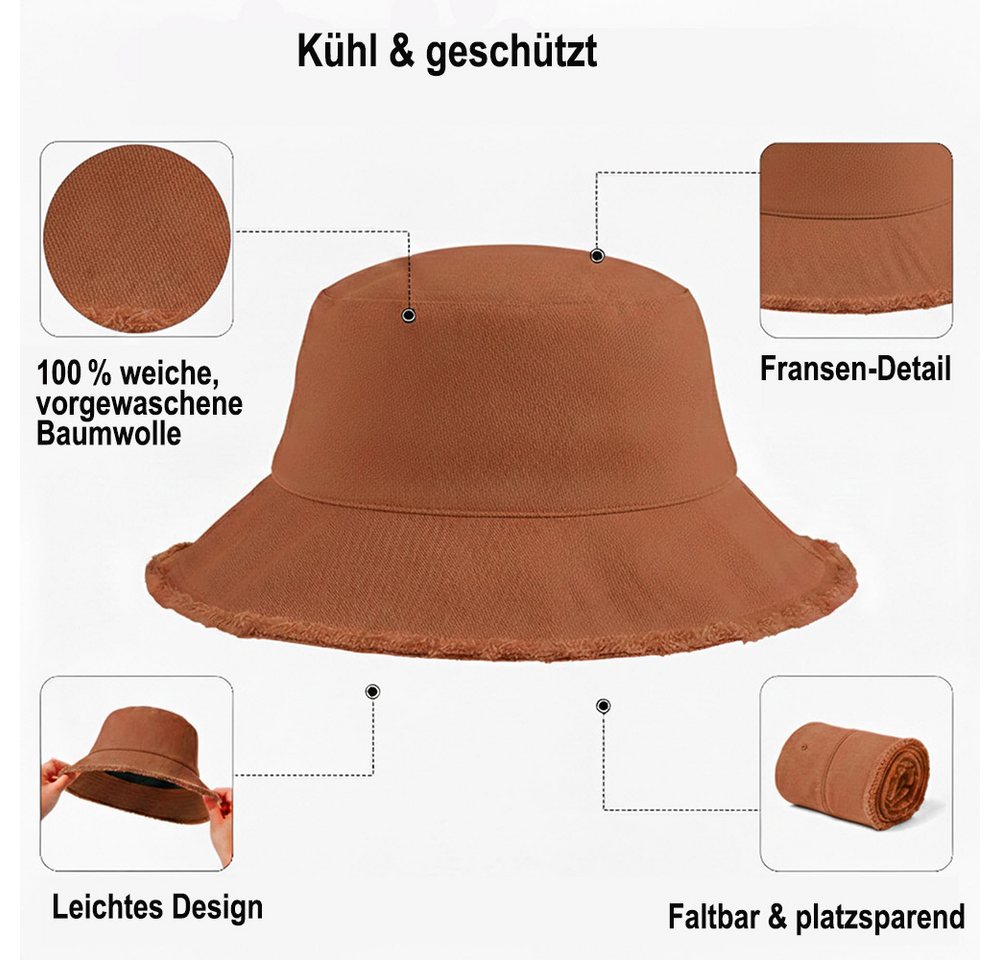 Zaewry Fischerhut Fischerhut mit Fransenrand für Damen und Herren,in Unifarbe mit rohem Saum, leicht, faltbar,für Strand, Golf, Angeln flexibel