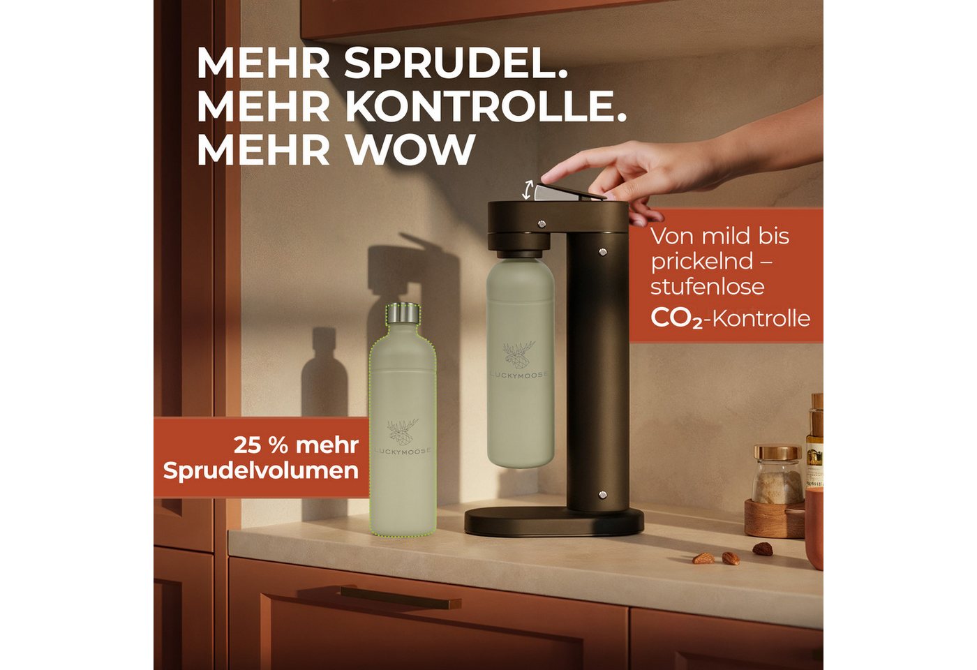 Luckymoose Wassersprudler Infinity-S mit 2x 1,25L langlebige Edelstahlflaschen, (2xSand-tlg), Spart bis zu 25% CO2, Flaschen spülmaschinenfest & ohne Ablaufdatum Bild 2