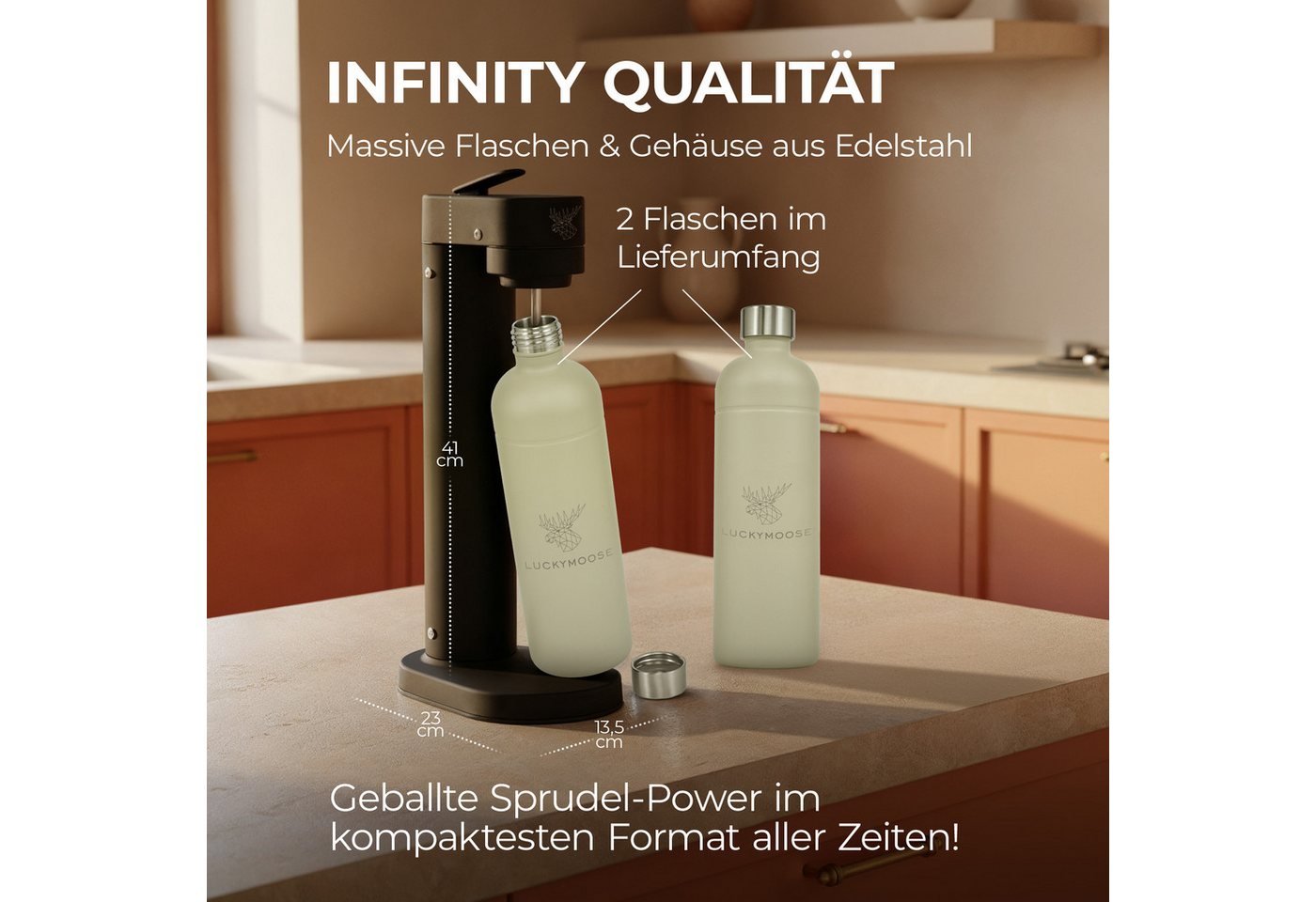 Luckymoose Wassersprudler Infinity-S mit 2x 1,25L langlebige Edelstahlflaschen, (2xSand-tlg), Spart bis zu 25% CO2, Flaschen spülmaschinenfest & ohne Ablaufdatum Bild 3