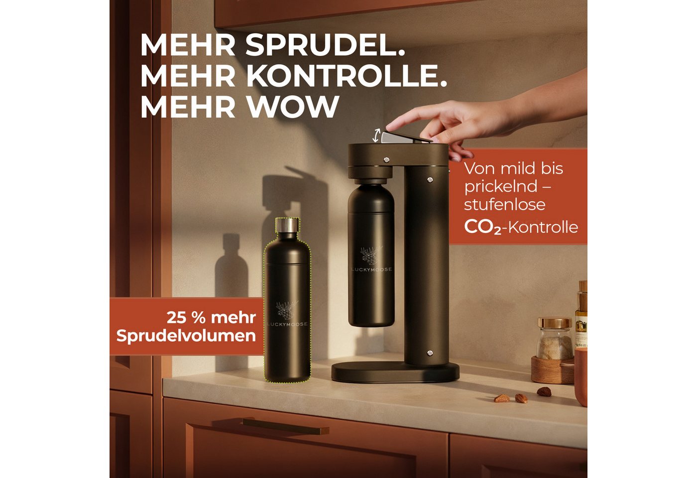 Luckymoose Wassersprudler Infinity-S mit 2x 1,25L langlebige Edelstahlflaschen, (2xSchwarz-tlg), Spart bis zu 25% CO2, Flaschen spülmaschinenfest & ohne Ablaufdatum Bild 2