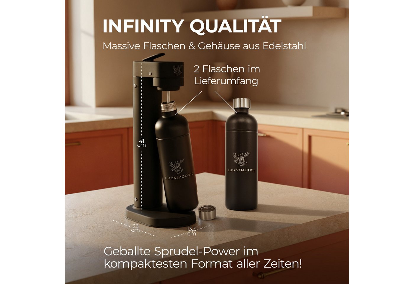 Luckymoose Wassersprudler Infinity-S mit 2x 1,25L langlebige Edelstahlflaschen, (2xSchwarz-tlg), Spart bis zu 25% CO2, Flaschen spülmaschinenfest & ohne Ablaufdatum Bild 5