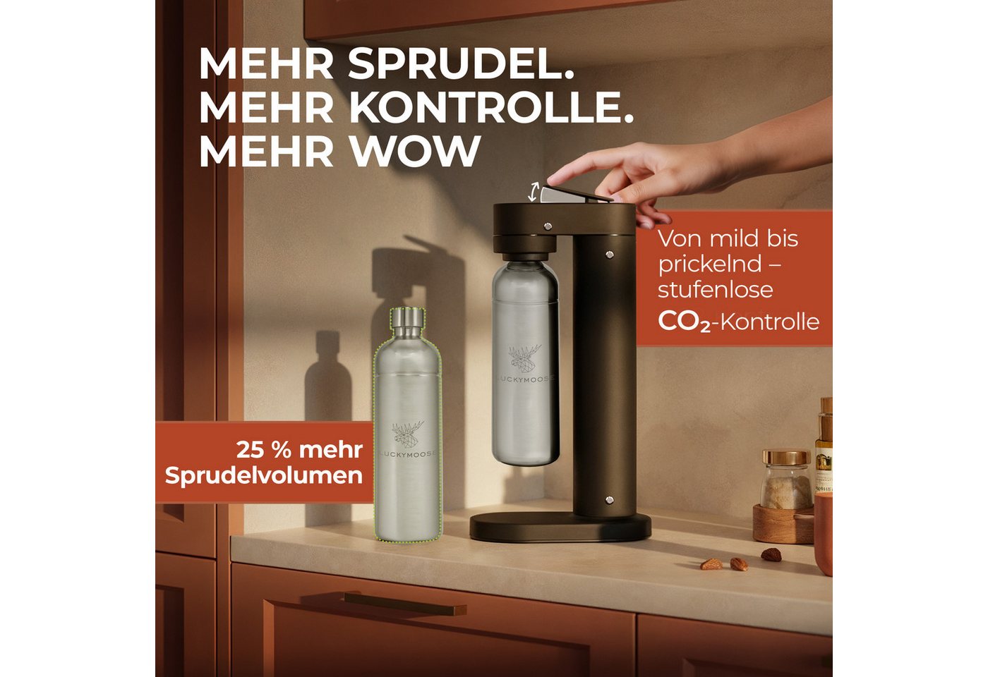 Luckymoose Wassersprudler Infinity-S mit 2x 1,25L langlebige Edelstahlflaschen, (2xSilber-tlg), Spart bis zu 25% CO2, Flaschen spülmaschinenfest & ohne Ablaufdatum Bild 3