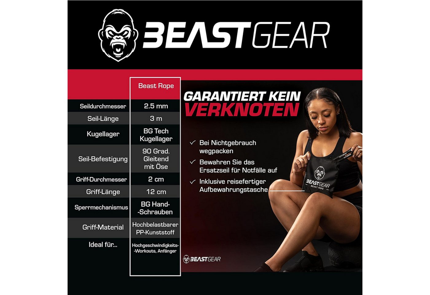Beast Gear Springseil Sprungseil Fitness Stahlseil 280 cm verstellbar, Kugellager, Boxen, knick und verdrehsicher, Länge individuell einstellbar