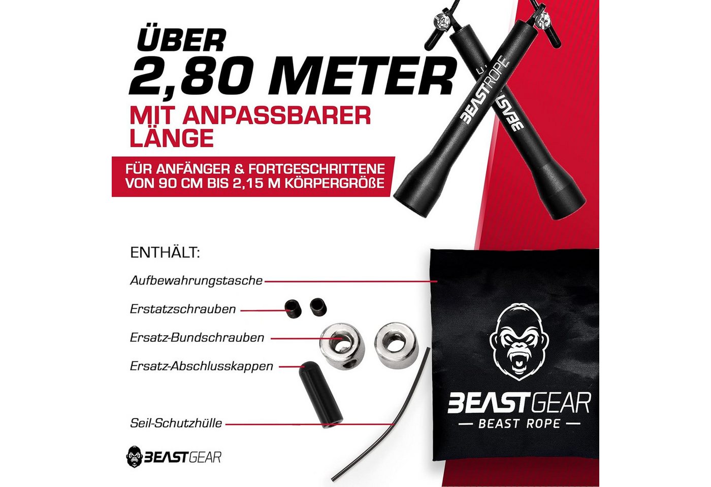 Beast Gear Springseil Sprungseil Fitness Stahlseil 280 cm verstellbar, Kugellager, Boxen, knick und verdrehsicher, Länge individuell einstellbar Bild 4