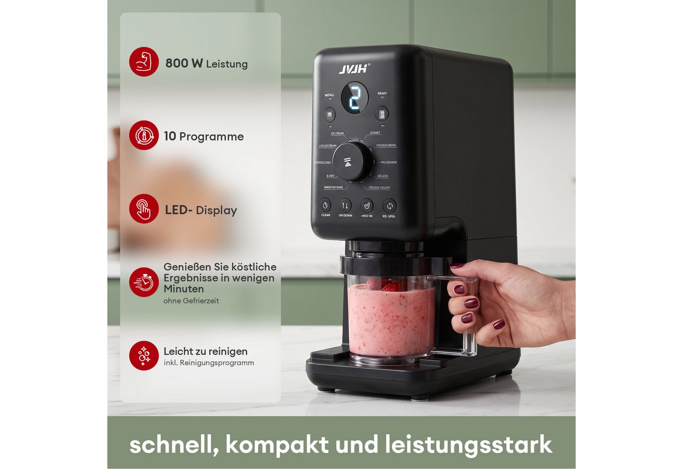 JVJH Eismaschine für Zuhause,10 Programme,2L,Gefrierbehälter 650 ml*3,Selbstreinigung, 2 l, 800 W, Spülmaschinengeeignete Teile,für Frozen Joghurt, Sorbet und Eiscreme
