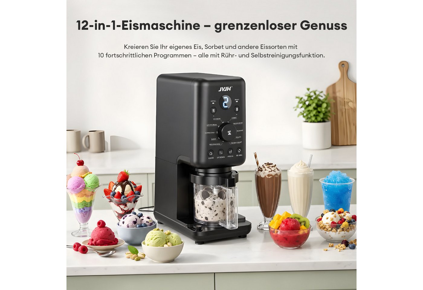 JVJH Eismaschine für Zuhause,10 Programme,2L,Gefrierbehälter 650 ml*3,Selbstreinigung, 2 l, 800 W, Spülmaschinengeeignete Teile,für Frozen Joghurt, Sorbet und Eiscreme Bild 5