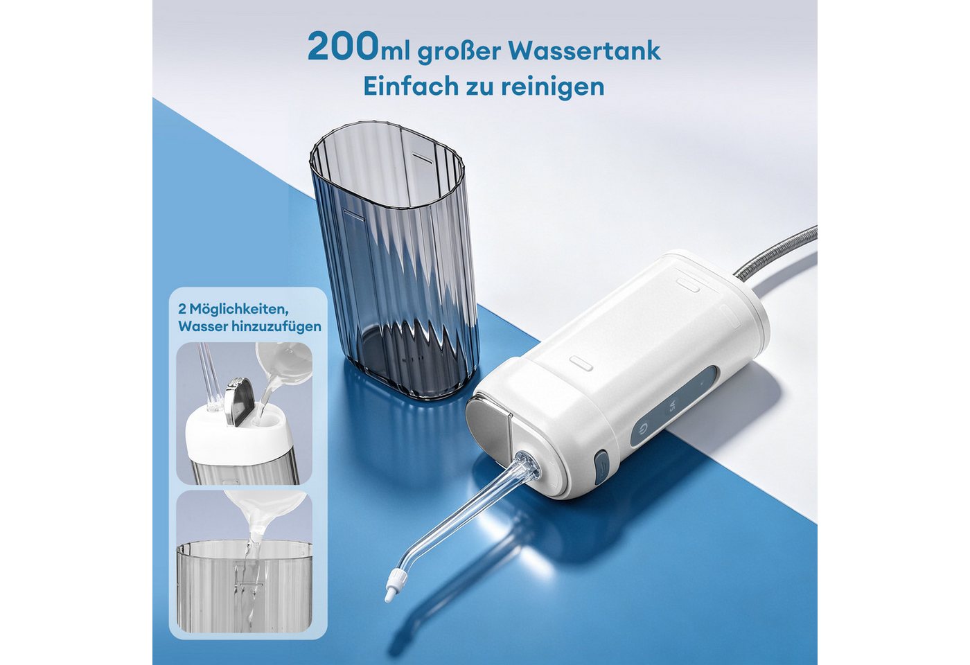 CkeyiN Munddusche Munddusche Mini Zahnzwischenraumreiniger Tragbar mit 4 Modi IPX7, Aufsätze: 5 St., 200ML versenkbarer Wassertank Reise Wasserzahnseide mit 5 Ersatzdüsen Bild 4