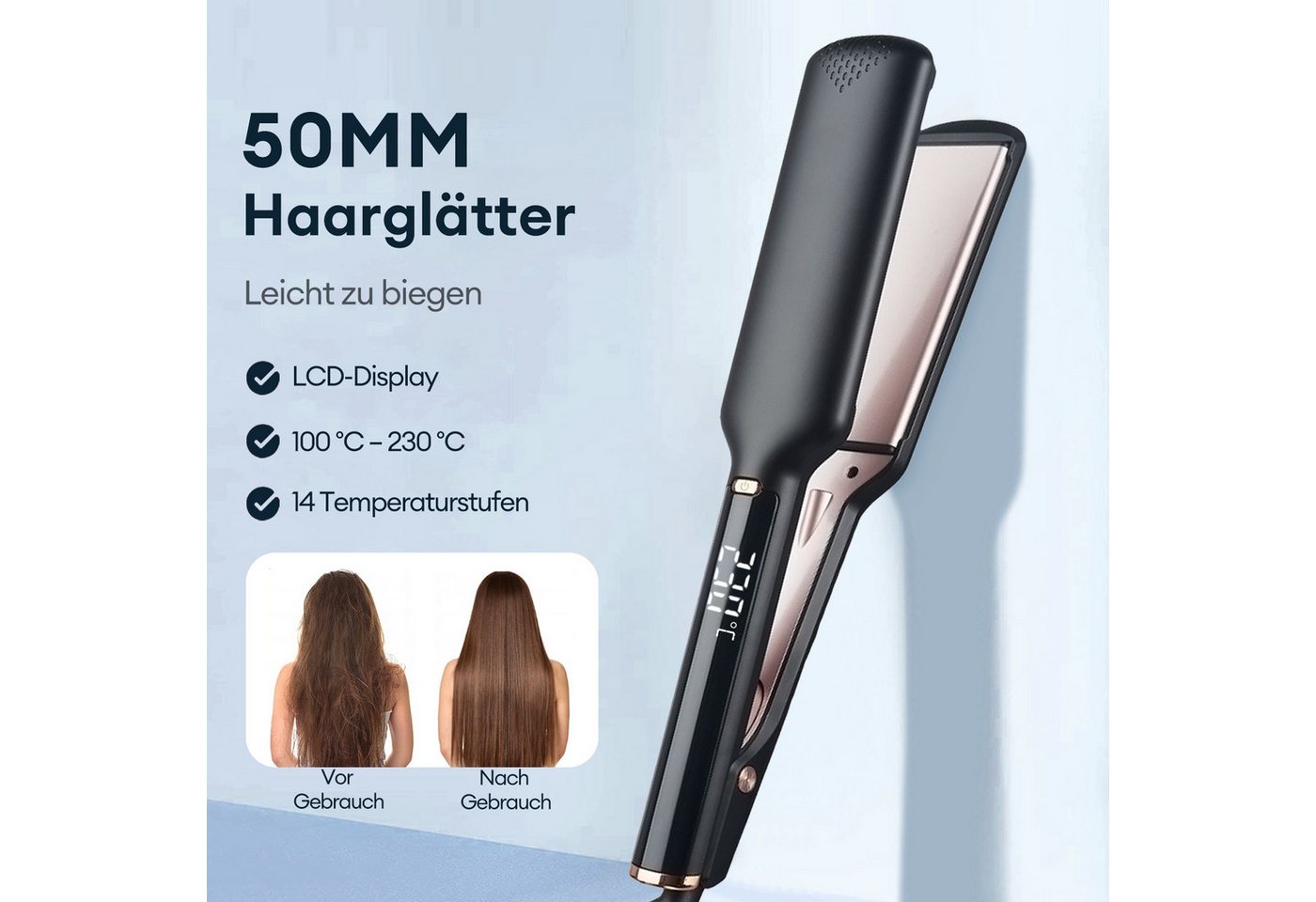 CkeyiN Pro Glätteisen Breit 50mm,14-Temp,Haarglatter Breit,100-230°C, Keramik, LCD-Display,Keramikbeschichtung Haarglätter,30s Schnellaufheizung, für dickes, krauses, lockiges und langes Haar Bild 5