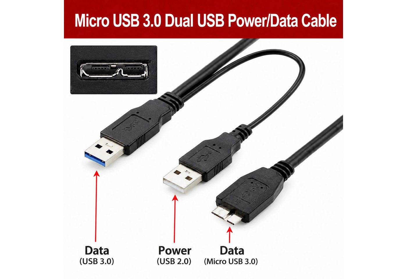 Bolwins B38 USB 3.0 Y-Kabel für externe HDD SSD Festplatten, 50cm Kabel USB-Kabel, USB 3.0 Typ-A Stecker, Micro USB 3.0 Typ-B Stecker, USB 2.0 Typ-A Stecker (Stromversorgung) (50 cm), USB 3.0 Y-Kabel, Zusatzstromversorgung, 5Gbit/s, geschirmt, Plug &Play