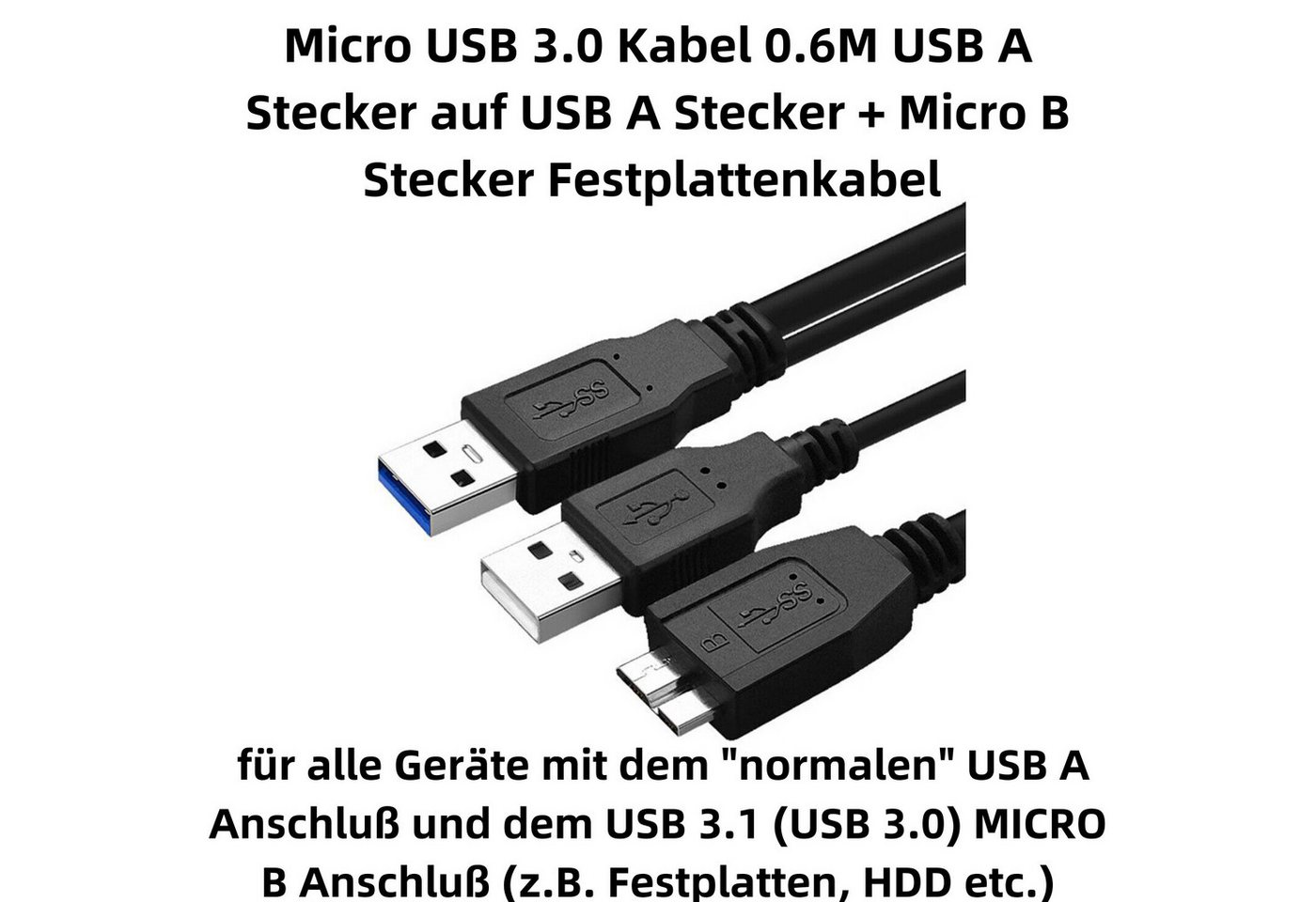 Bolwins B38 USB 3.0 Y-Kabel für externe HDD SSD Festplatten, 50cm Kabel USB-Kabel, USB 3.0 Typ-A Stecker, Micro USB 3.0 Typ-B Stecker, USB 2.0 Typ-A Stecker (Stromversorgung) (50 cm), USB 3.0 Y-Kabel, Zusatzstromversorgung, 5Gbit/s, geschirmt, Plug &Play Bild 3