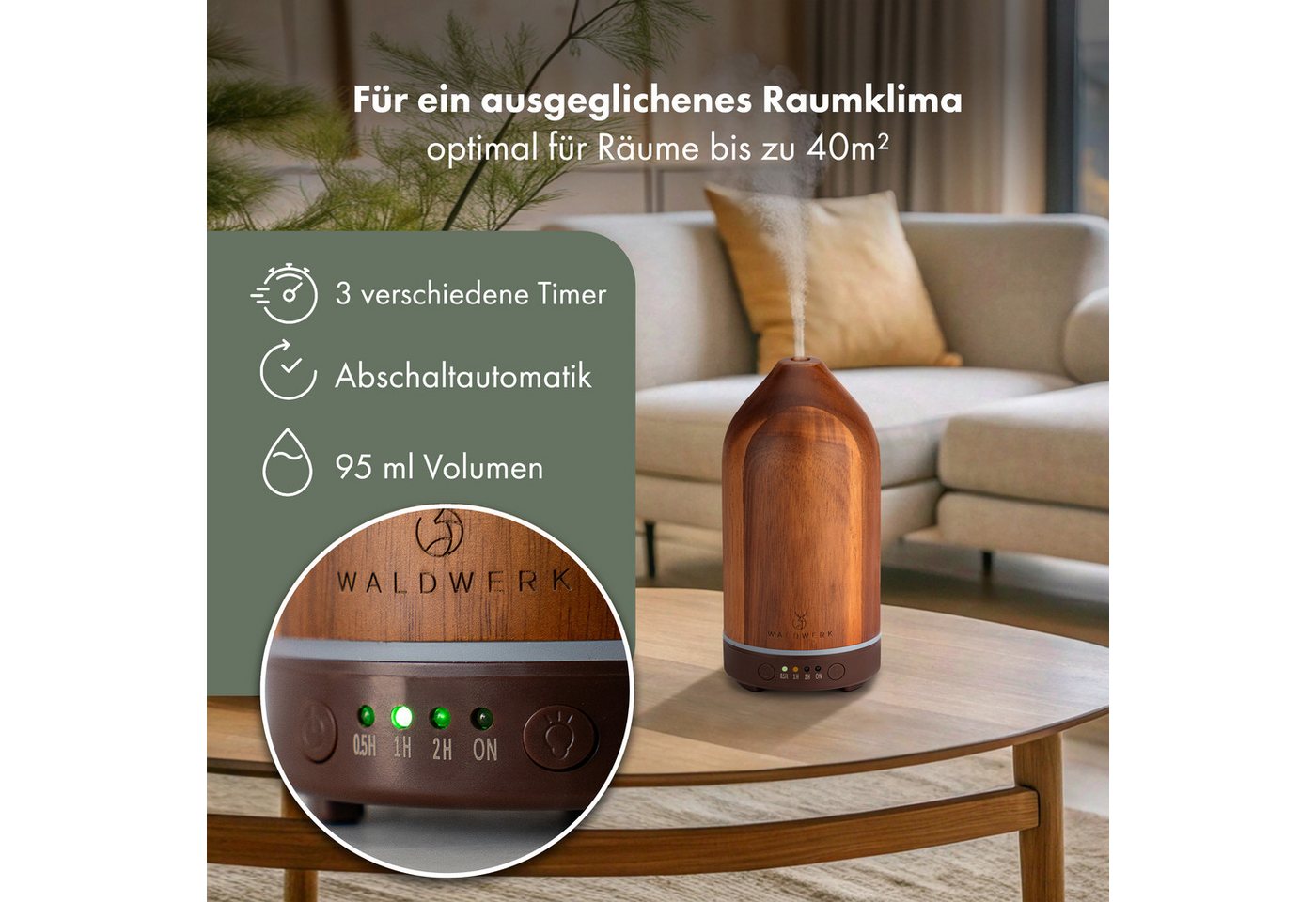 Waldwerk Luftbefeuchter Diffuser (100ml) aus edlem Akazienholz - Aroma Diffuser, 0,1 l Wassertank Bild 2
