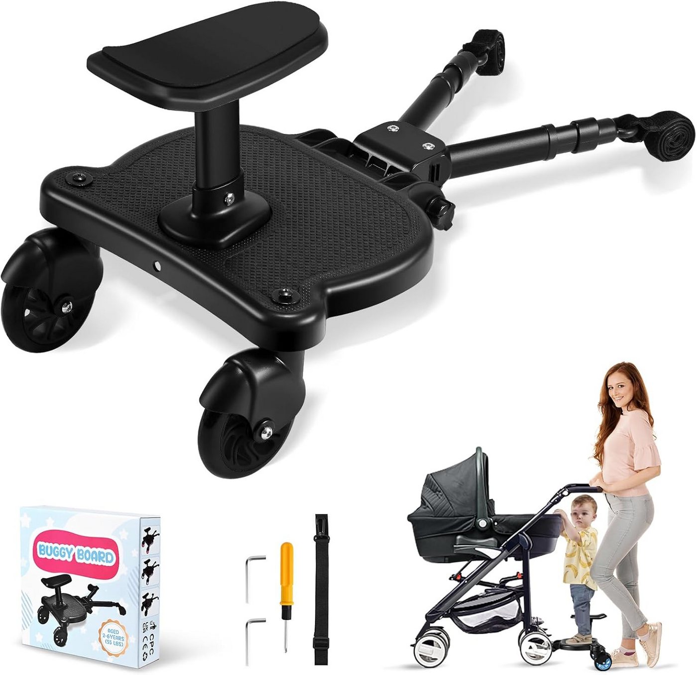 TWUFY Buggyboard Buggy Board mit Sitz, Trittbrett für Kinderwagen Universal (Buggy Board für Alle Kinderwagen, 1-St., mit Kinderwagen Organizer und Aufhängegurt), Kiddy Board für Kinder von 2 bis 6 Jahren (25 KG) Bild 3
