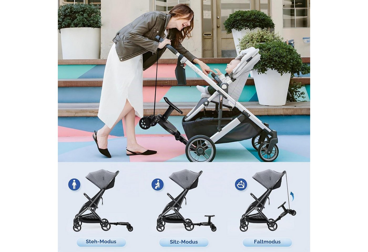 TWUFY Buggyboard Buggy Board mit Sitz, Trittbrett für Kinderwagen Universal (Buggy Board für Alle Kinderwagen, 1-St., mit Kinderwagen Organizer und Aufhängegurt), Kiddy Board für Kinder von 2 bis 6 Jahren (25 KG) Bild 4
