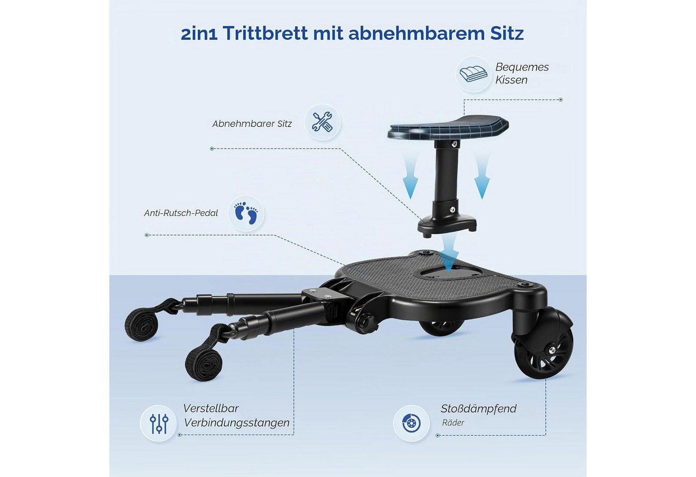 TWUFY Buggyboard Buggy Board mit Sitz, Trittbrett für Kinderwagen Universal (Buggy Board für Alle Kinderwagen, 1-St., mit Kinderwagen Organizer und Aufhängegurt), Kiddy Board für Kinder von 2 bis 6 Jahren (25 KG) Bild 5