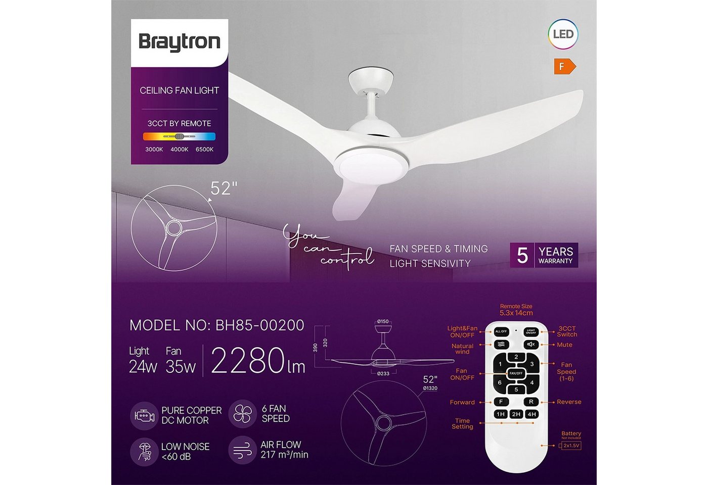 Braytron Deckenventilator mit Licht 3CCT Fernbedienung, Fernbedienung, LED fest integriert Bild 4