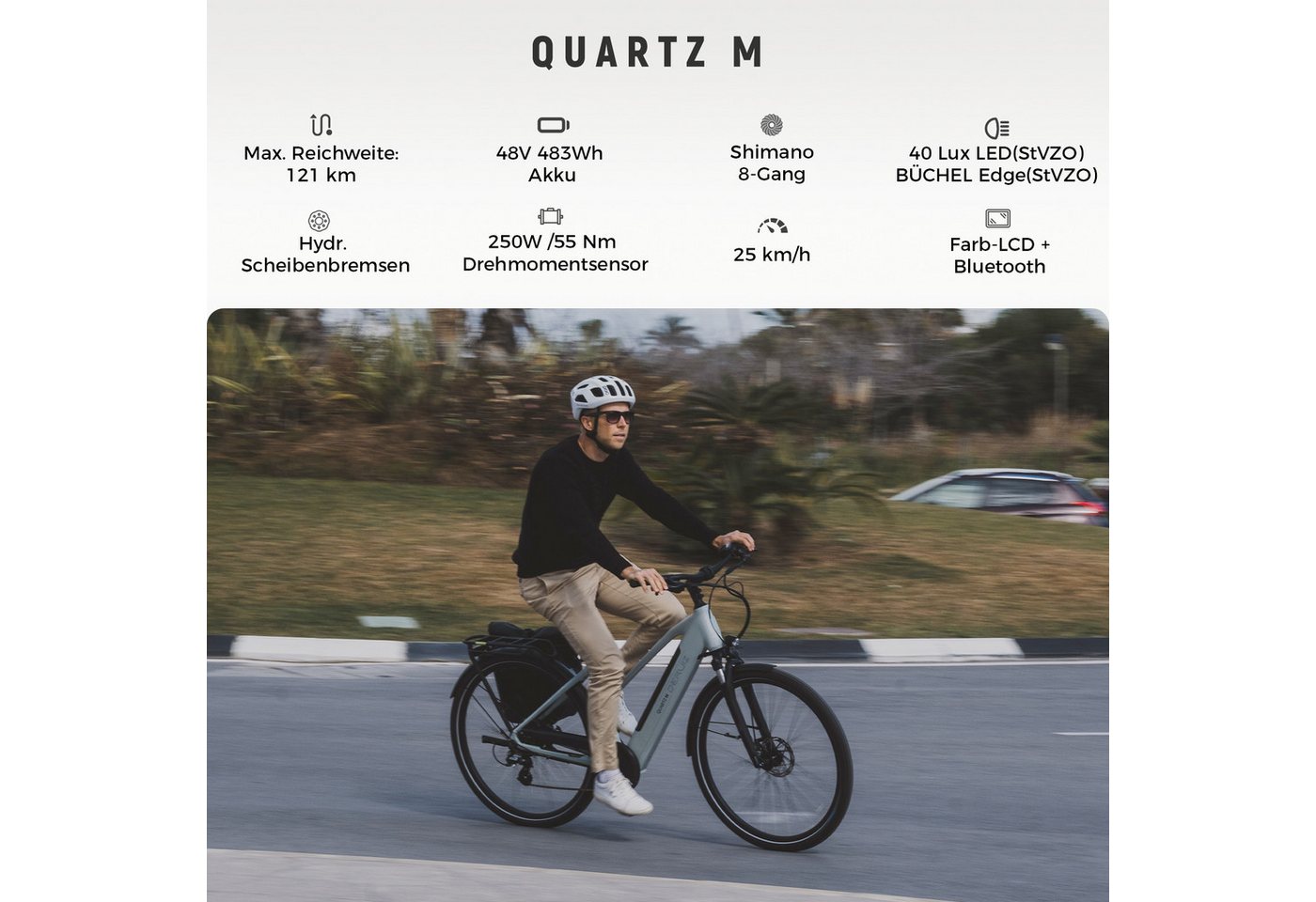 DERUIZ E-Bike Cityrad Quartz M 250W 55 Nm Drehmomentsensor, bis 25 km/h,121 km, 8 Gang Shimano Altus Schaltwerk, Heckmotor, 483 Wh